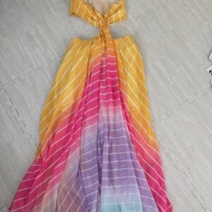 Main Strip Ombre Halter Maxi Dress in Yellow, Pink & Purple